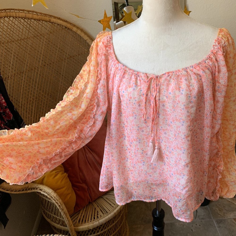 Aura The Label Womens Peasant Top Blouse - Large - Pink Ruffle Sleeves Floral